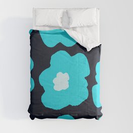 Large Pop-Art Retro Flowers in Aqua Turquoise on Black Background  Comforter