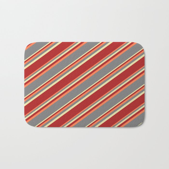 Coral, Grey, Pale Goldenrod, and Red Colored Striped Pattern Bath Mat