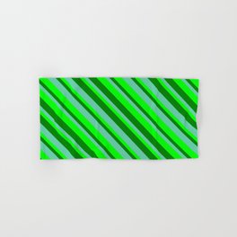 [ Thumbnail: Green, Aquamarine & Lime Colored Striped Pattern Hand & Bath Towel ]