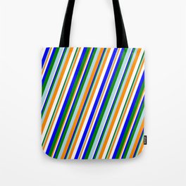 [ Thumbnail: Eye-catching Light Blue, Dark Orange, White, Blue & Green Colored Lined/Striped Pattern Tote Bag ]