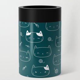 Teal Blue and White Doodle Kitten Faces Pattern Can Cooler