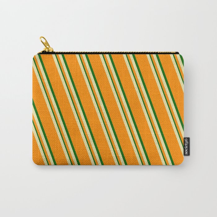 Pale Goldenrod, Dark Orange, and Dark Green Colored Lined Pattern Carry-All Pouch