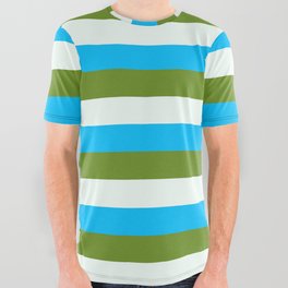 [ Thumbnail: Deep Sky Blue, Green, and Mint Cream Colored Striped/Lined Pattern All Over Graphic Tee ]