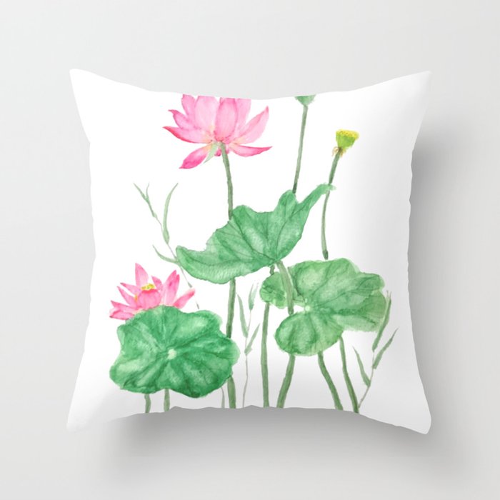 pink lotus flowers watercolor Throw Pillow