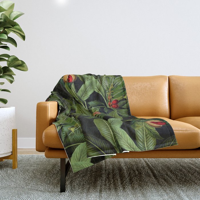 Vintage Exotic Midnight Botanical Leaves And Fruits Garden Throw Blanket