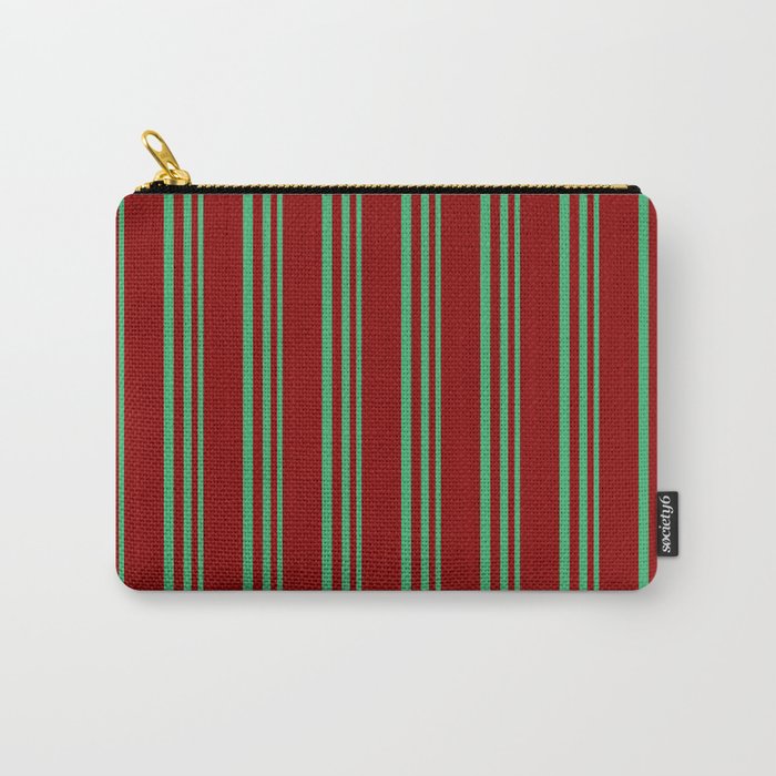 Sea Green & Dark Red Colored Stripes/Lines Pattern Carry-All Pouch