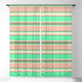 [ Thumbnail: Green, Beige, Light Salmon & Dark Olive Green Colored Stripes Pattern Sheer Curtain ]