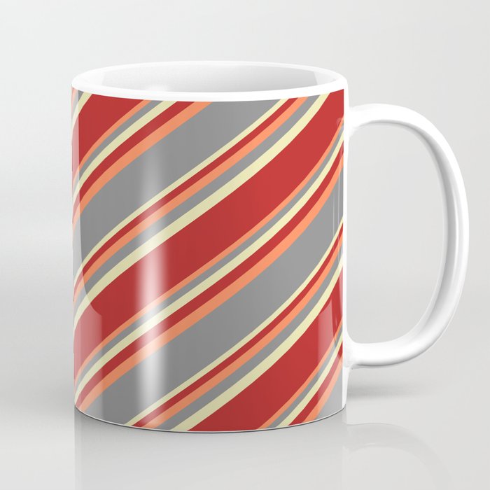 Coral, Grey, Pale Goldenrod, and Red Colored Striped Pattern Coffee Mug
