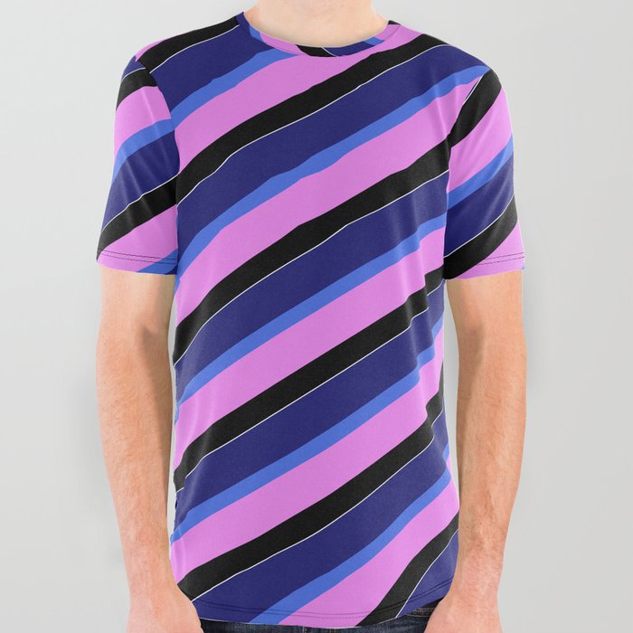 Vibrant Midnight Blue, Royal Blue, Violet, Black, and White Colored Pattern of Stripes All Over Graphic Tee