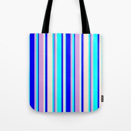 [ Thumbnail: Aqua, Beige, Plum & Blue Colored Lined Pattern Tote Bag ]