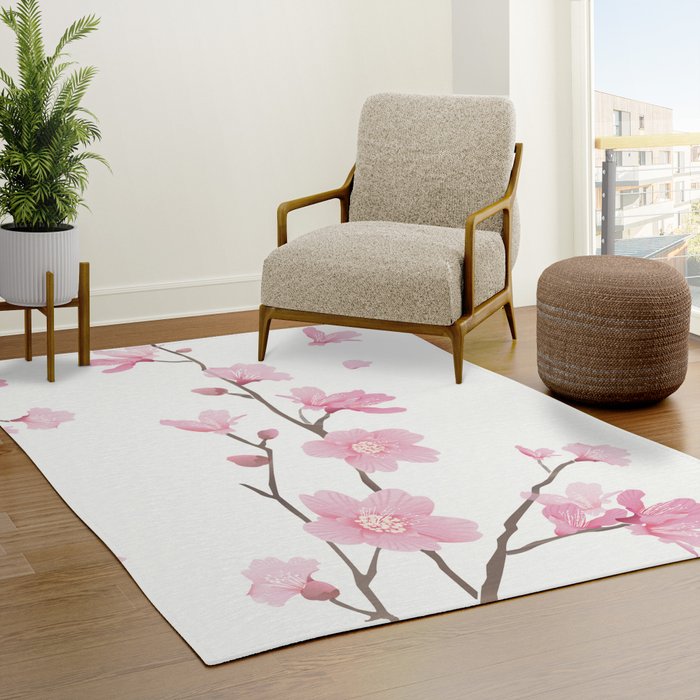 2' x 3' Area Rug, Cherry Blossom Non-Skid Rubber Backing Large Rectangle  Rugs - Living Room Bedroom Home Office Spring Pink Floral Painting Burlap