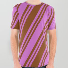[ Thumbnail: Orchid and Brown Colored Lines/Stripes Pattern All Over Graphic Tee ]