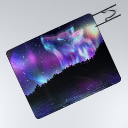 Northern landscape with howling wolf spirit and aurora borealis Picnic Blanket