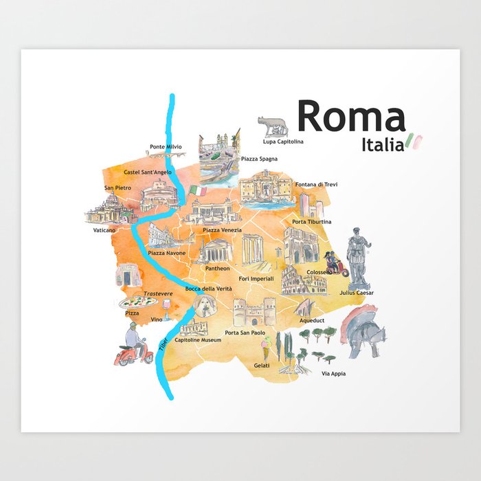 Rome Italy Illustrated Travel Poster Favorite Map Tourist Highlights Art Print