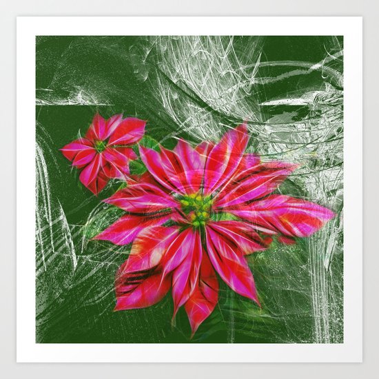 Abstract vibrant red poinsettia on green texture Art Print