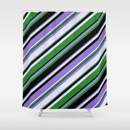 [ Thumbnail: Purple, Lavender, Forest Green & Black Colored Stripes Pattern Shower Curtain ]