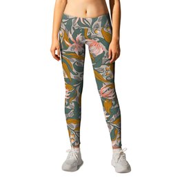 Gloriosa Flora in Gold, Pine, and Coral Leggings