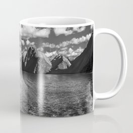 A boat ride in the morning at Milford Sound in black and white Coffee Mug