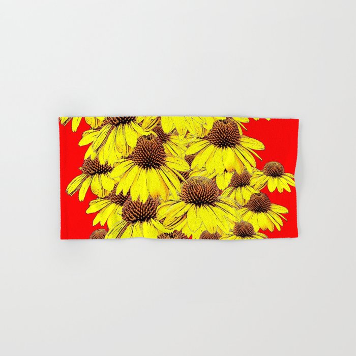DECORATIVE YELLOW CONE FLORALS RED ART Hand & Bath Towel