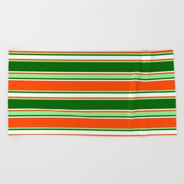 [ Thumbnail: Red, Light Green, Dark Green, and Mint Cream Colored Lined/Striped Pattern Beach Towel ]