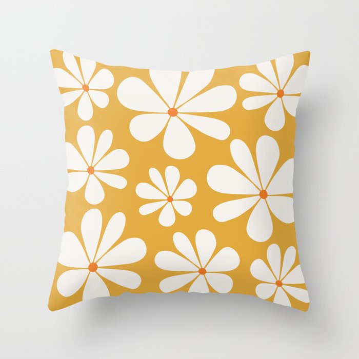 Retro Daisy Pattern - Golden Yellow Bold Floral Throw Pillow