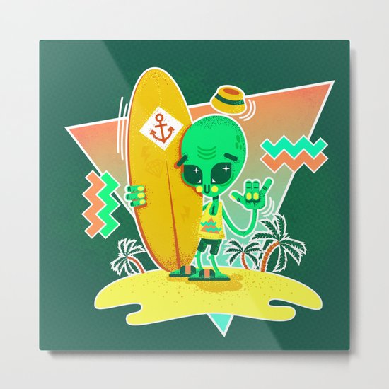 Alien Surfer Nineties Pattern Metal Print