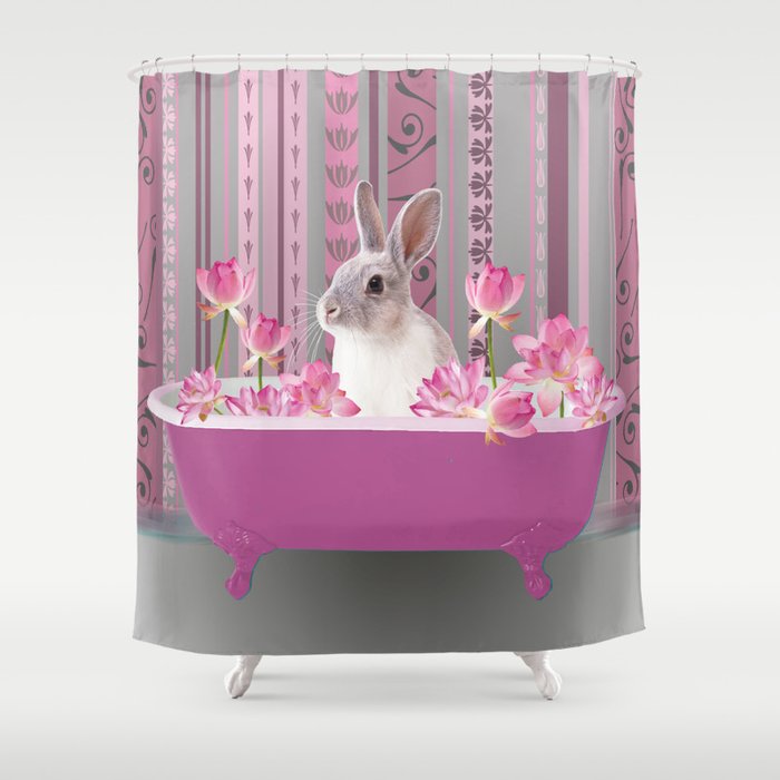Bunny sitting in bathtub with lotus flowers #society6 Shower Curtain | Graphic-design, Bathtub, Lotos, Lotus, Flower, Flowers, Bunny, Sweet, Cute, Pets