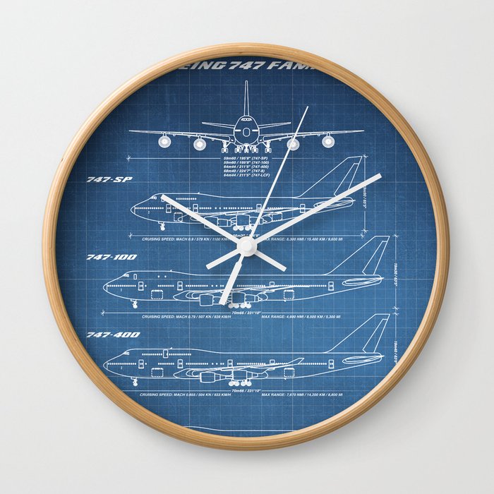 Boeing 747 Family Blueprint in High Resolution (light blue) Wall Clock