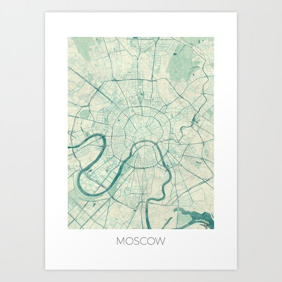 Moscow Map Blue Vintage Art Print
