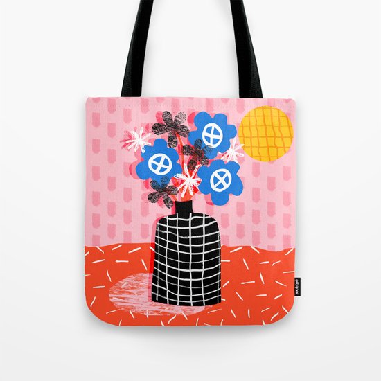 Works for Me - throwback retro memphis still life floral vase flowers grid pattern Tote Bag