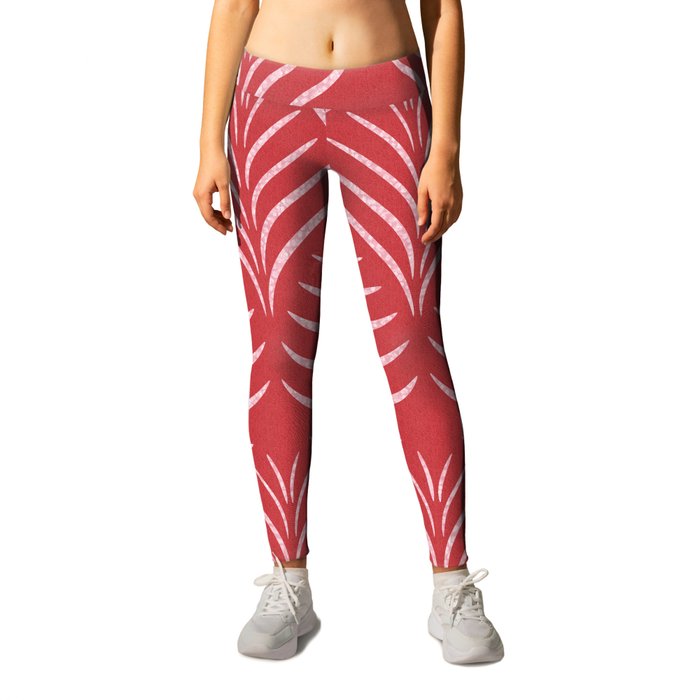 Palm Leaves Ogee Pattern Red and Pink Leggings