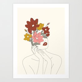 Colorful Thoughts Minimal Line Art Woman with Magnolia Art Print