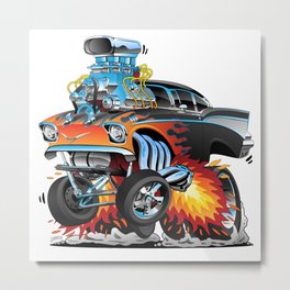 Classic hotrod 57 gasser drag racing muscle car cartoon Metal Print | Engine, 1957, American, Car, Flames, Funny, Garage, Art, Drawing, Classiccar 