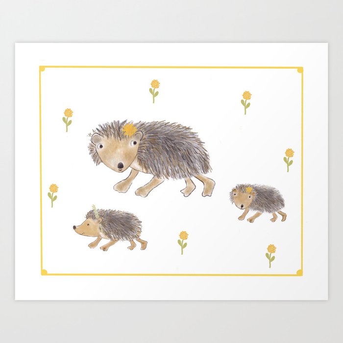 Hedgehog Mom with her Kids Art Print