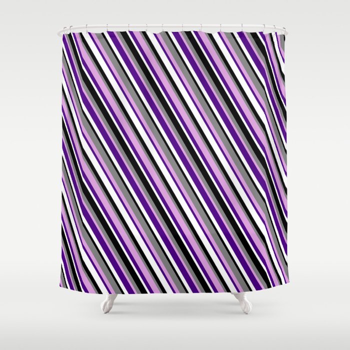 Black, Grey, Plum, Indigo, and White Colored Pattern of Stripes Shower Curtain