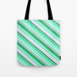 [ Thumbnail: Lavender, Sea Green & Aquamarine Colored Lines Pattern Tote Bag ]