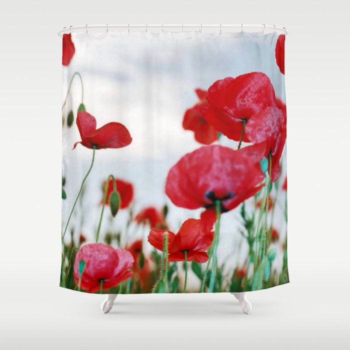 Field of Poppies Against Grey Sky Shower Curtain