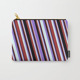 [ Thumbnail: Purple, Light Cyan, Brown, and Black Colored Striped/Lined Pattern Carry-All Pouch ]