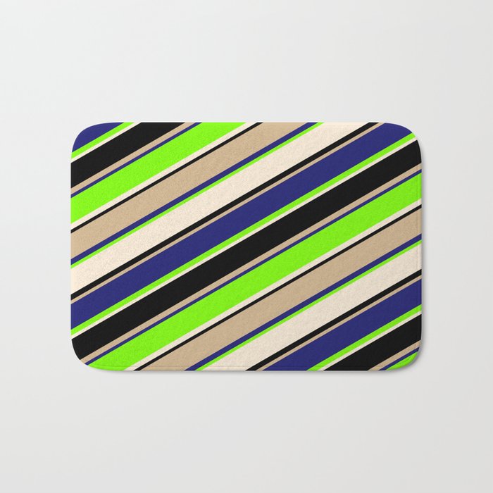 Eyecatching Tan, Midnight Blue, Green, Beige, and Black Colored Lines Pattern Bath Mat