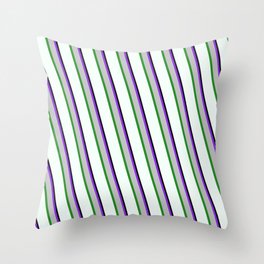 [ Thumbnail: Eye-catching Purple, Grey, Forest Green, Mint Cream, and Black Colored Lined/Striped Pattern Throw Pillow ]