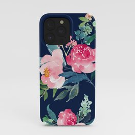 Navy and Pink Watercolor Peony iPhone Case