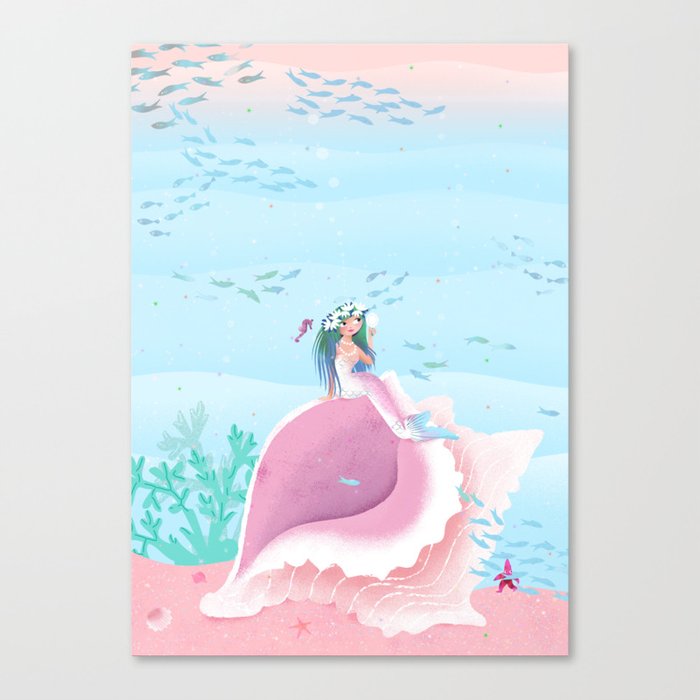Mermaid admiring herself in a mirror children’s illustration Canvas Print