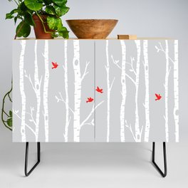 Birch tree forest with red birds on gray Credenza