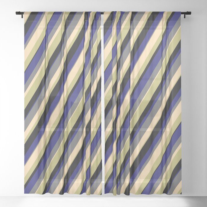 Vibrant Dim Grey, Tan, Dark Khaki, Black, and Midnight Blue Colored Lines Pattern Sheer Curtain