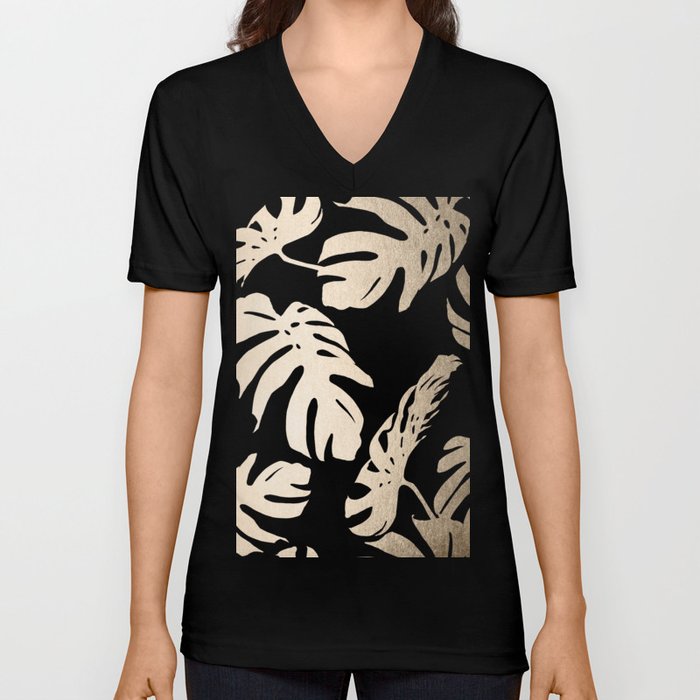Simply Tropical White Gold Sands Palm Leaves on Dots V Neck T Shirt