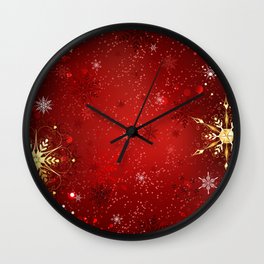 Red Background with Gold Snowflakes Wall Clock