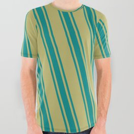 [ Thumbnail: Dark Khaki and Dark Cyan Colored Pattern of Stripes All Over Graphic Tee ]