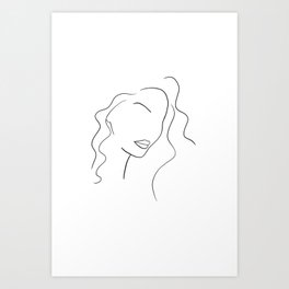 Woman’s face with wavy hair line art Art Print