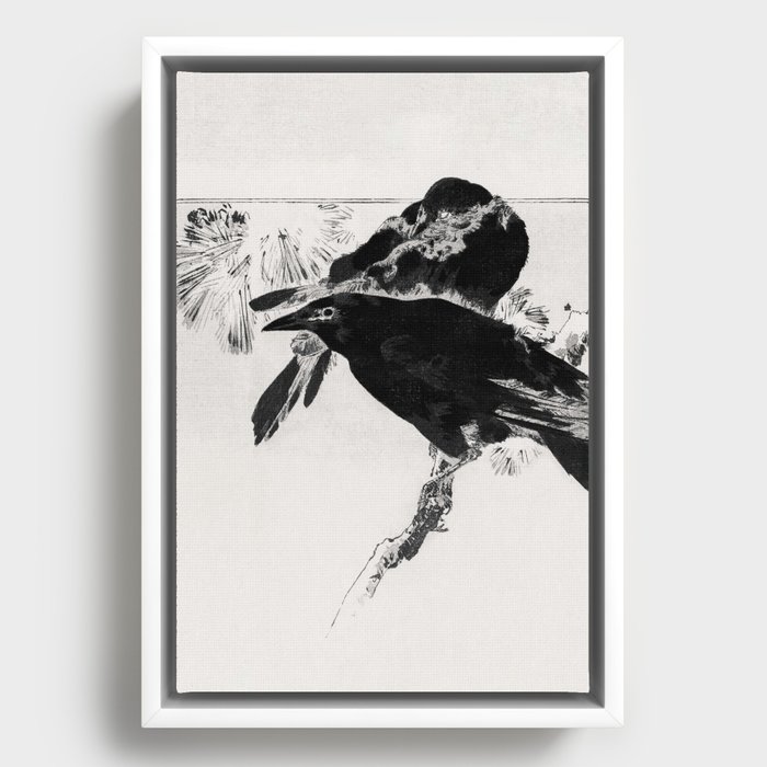 VIntage Japanese Raven Painting Framed Canvas