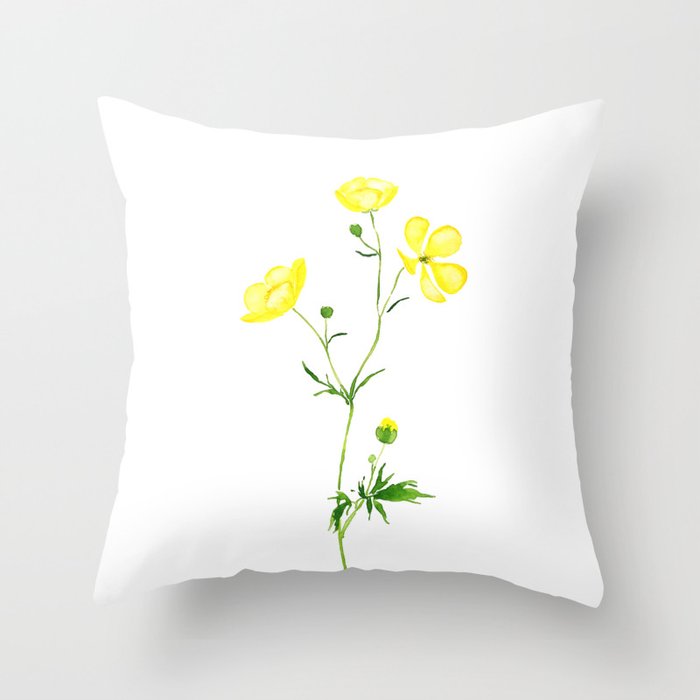 yellow buttercup flower watercolor Throw Pillow